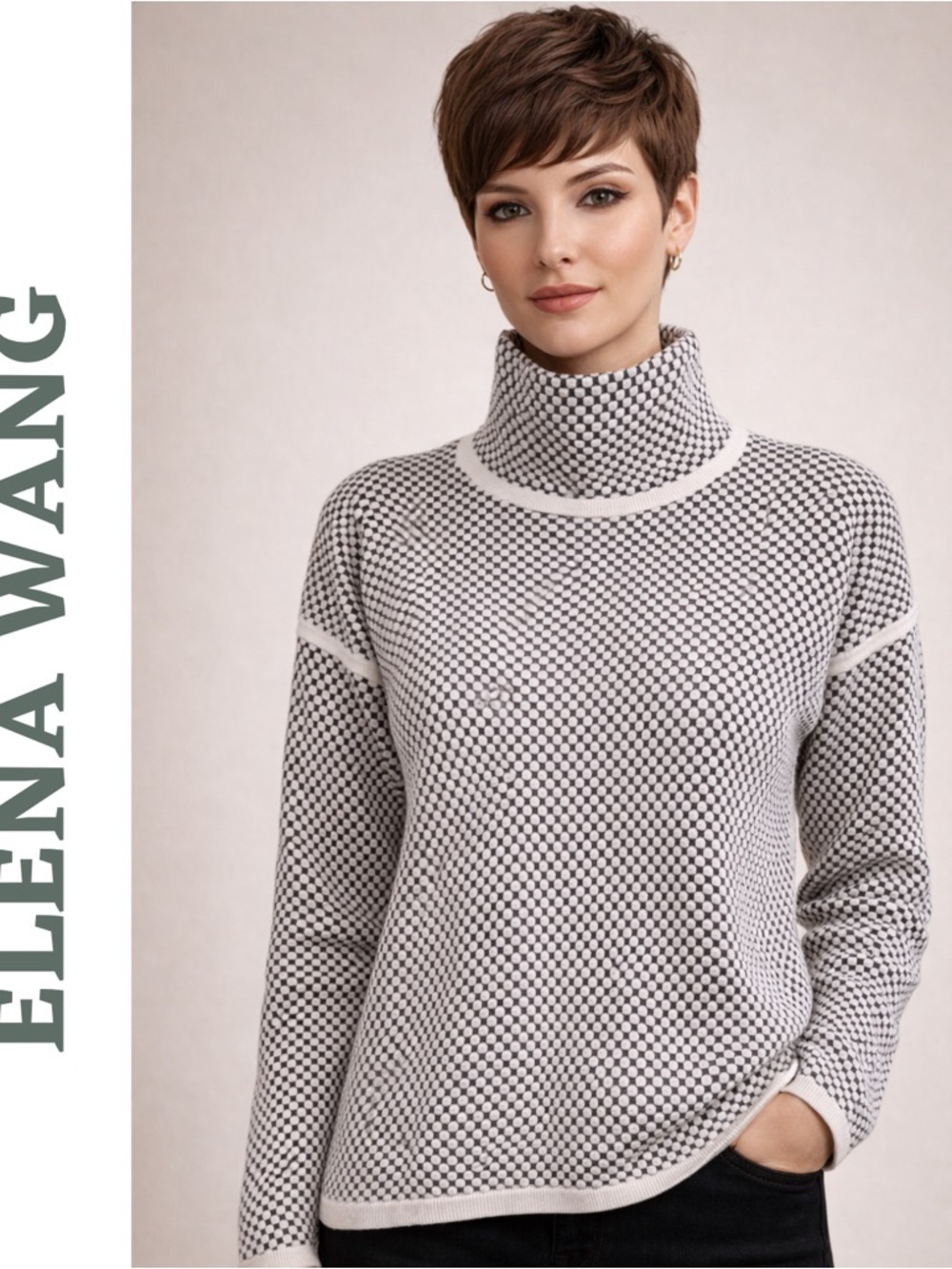 Elena Wang Textured Turtleneck Sweater Cream Black Medium / Large